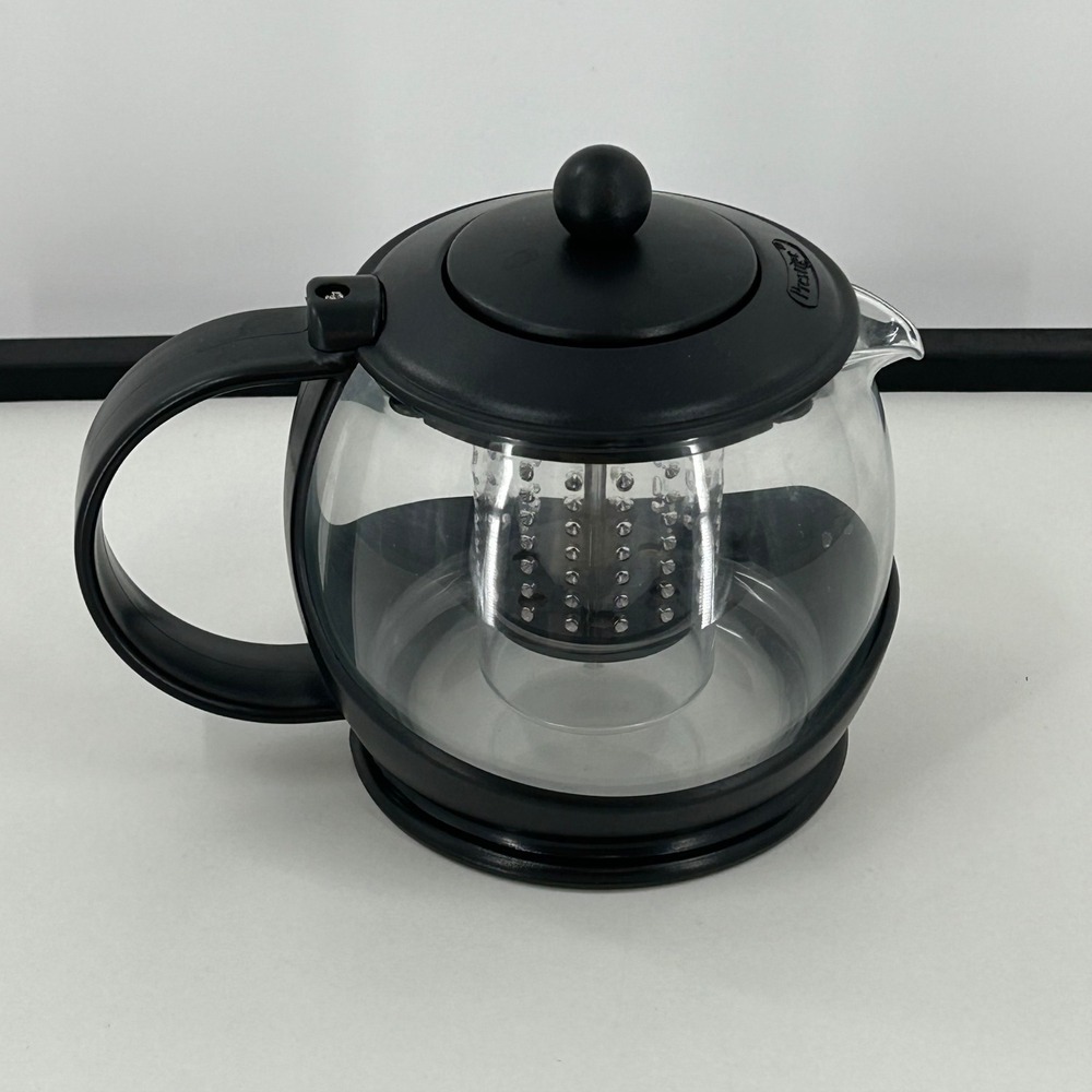 Prestige‎ Pyrex Glass Teapot w/Infuser Black Plastic Trim Clear Round Tea Press